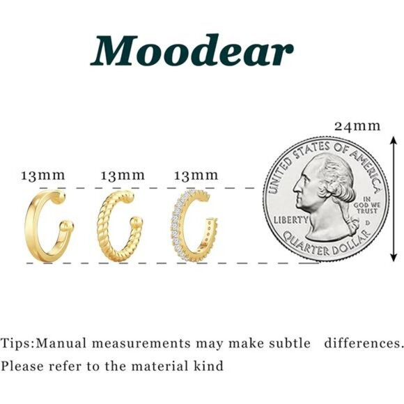 Gold Ear Cuff Earrings Set 3 Piece Non Pierced Cartilage Hypoallergenic CZ - Picture 5 of 7